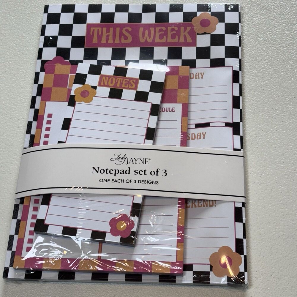 Lady Jayne THIS WEEK Notepad Black White Check Pink Yellow Flowers Set of 3